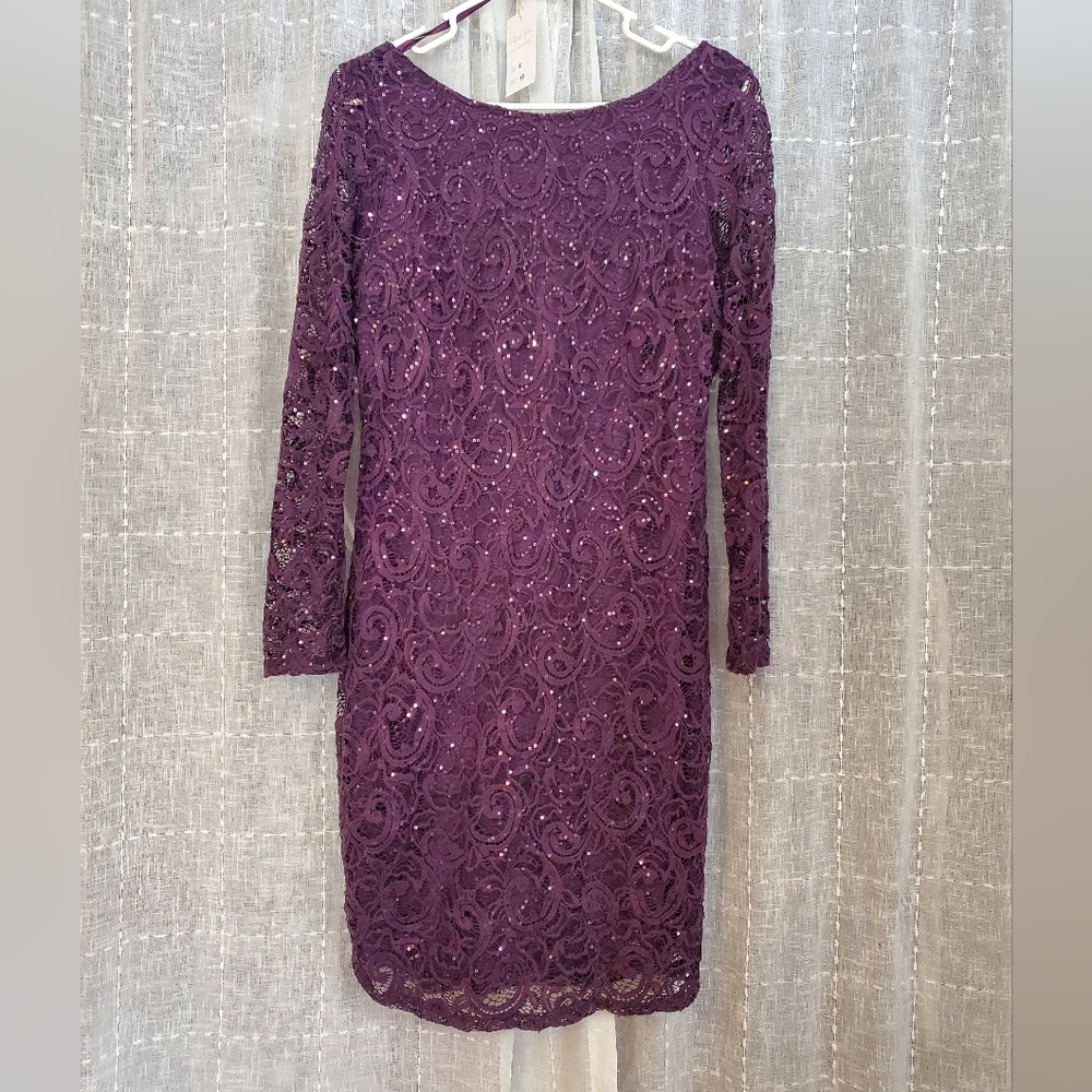 Marina Sequin Lace Long Sleeve Purple Dress